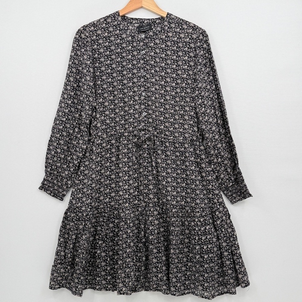 Lucky Brand Floral Mini Dress Women Medium Black White Tiered Boho Cottagecore
